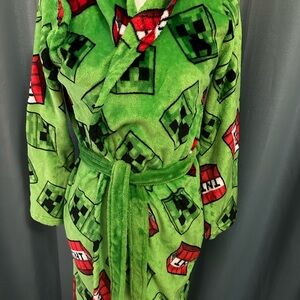 Minecraft Creeper Hooded Robe Kids L 12/14 Plush Fleece Green TNT Belted Pajama